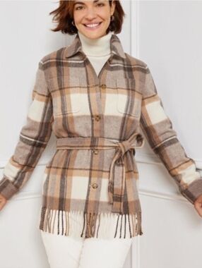 Talbots Plaid Belted Fringe Italian Wool Blend Jacket Size Large